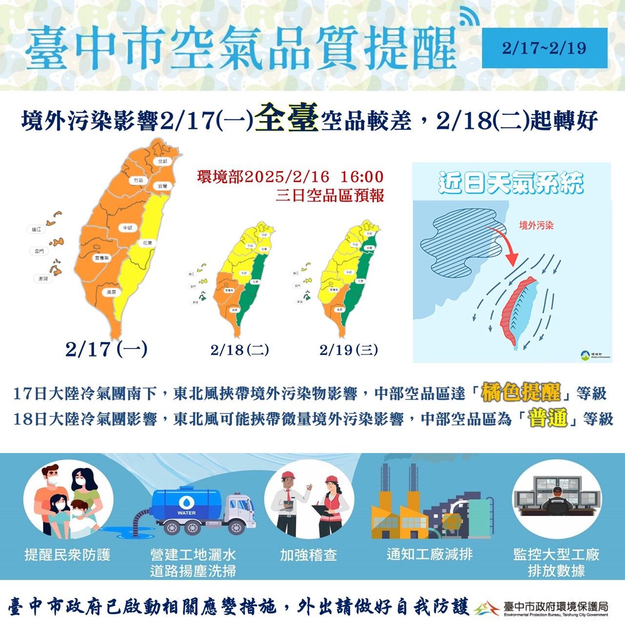 受境外污染影響 明全台空品將轉差 台中啟動應變提醒市民防護 受境外污染影響 明全台空品將轉差 台中啟動應變提醒市民防護