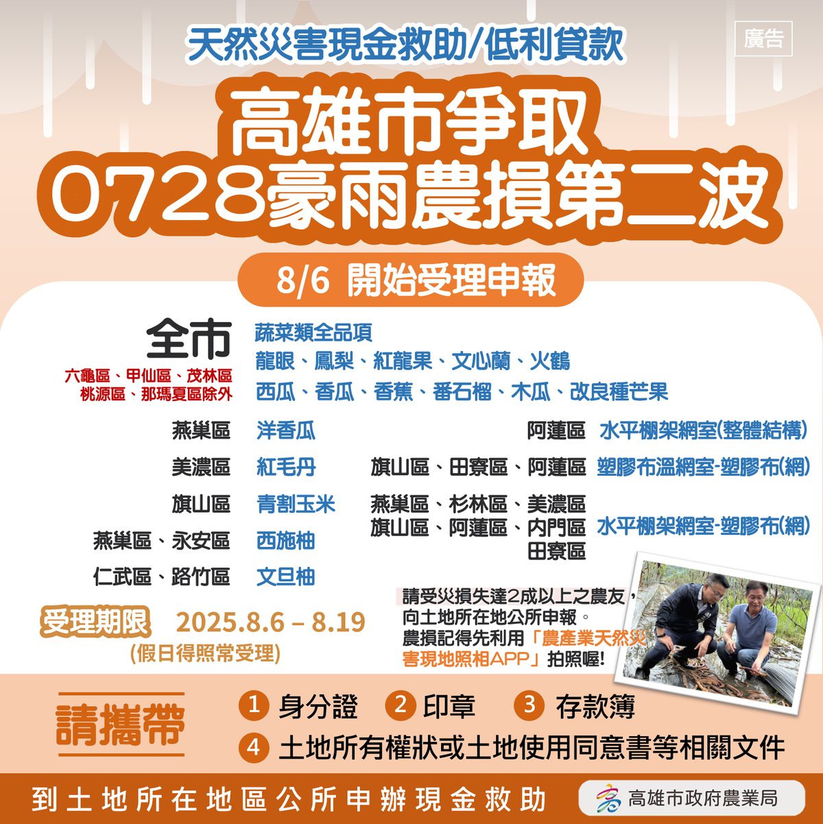 高雄市爭取0728豪雨致災第二波農損救助　8/6起受理