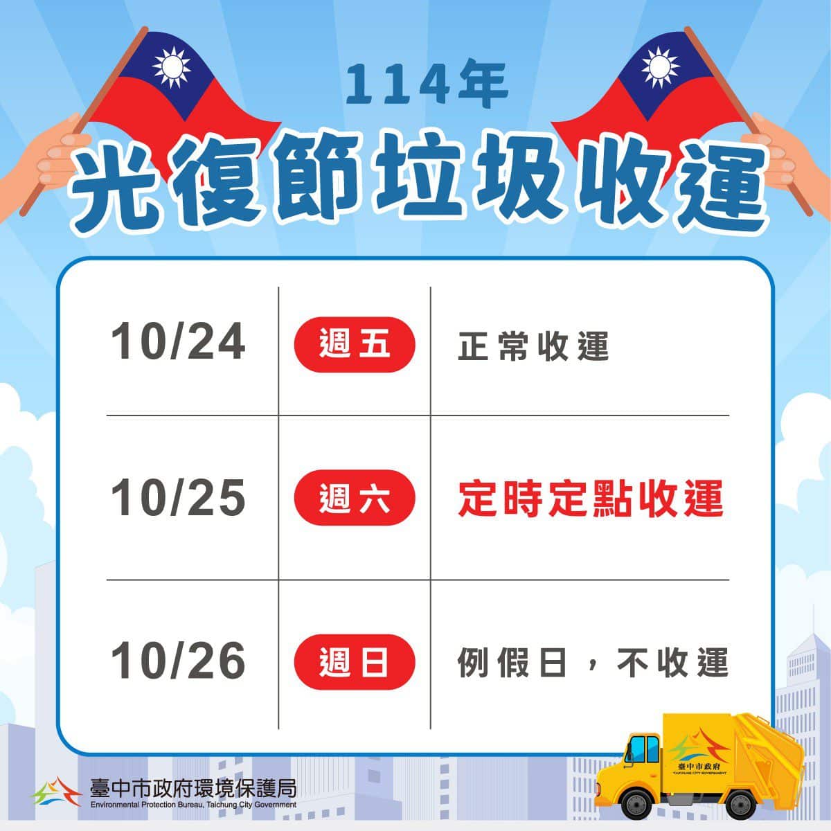 光復節連假將至 中市垃圾收運10/25採定時定點服務 光復節連假將至 中市垃圾收運10/25採定時定點服務
