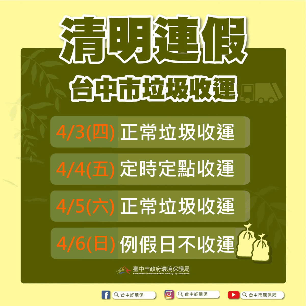 清明連假倒垃圾看這裡！　中市4/3正常收運、清明節定時定點收運