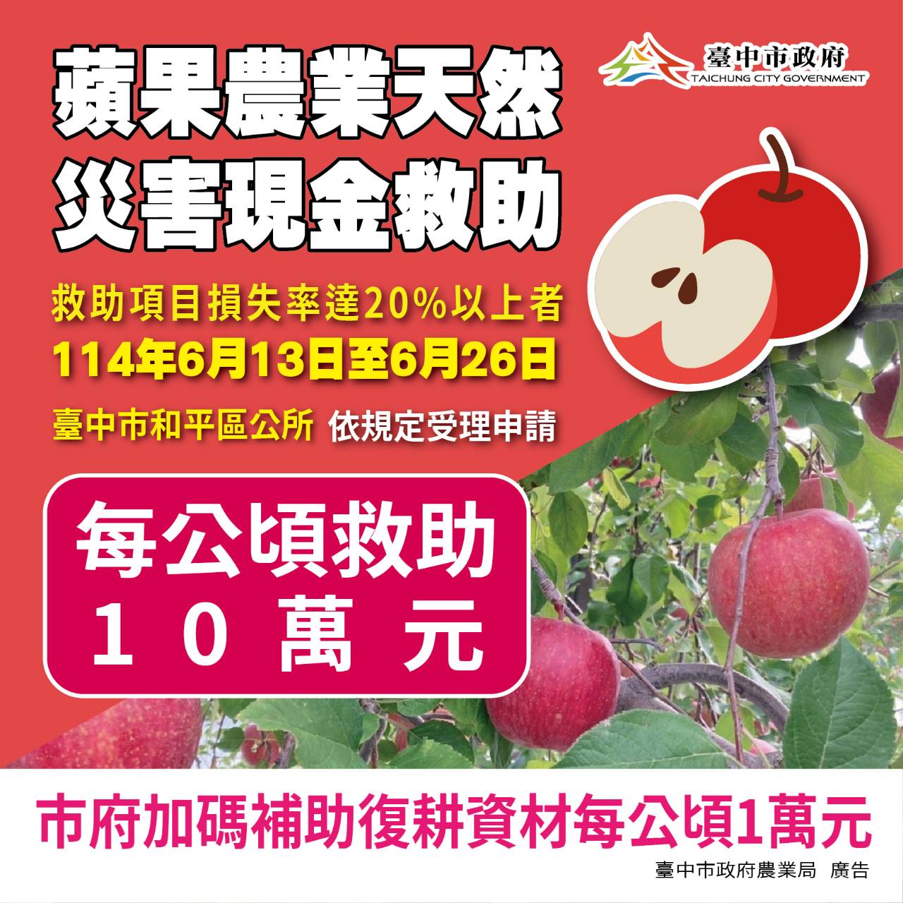 中市和平區蘋果災損 　6/26前可申請現金救助