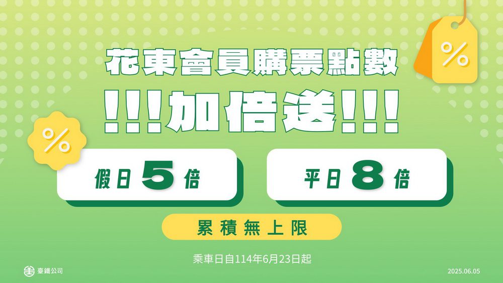 行政院關懷花東交通 台鐵加碼推出花東會員回饋最高八倍點數