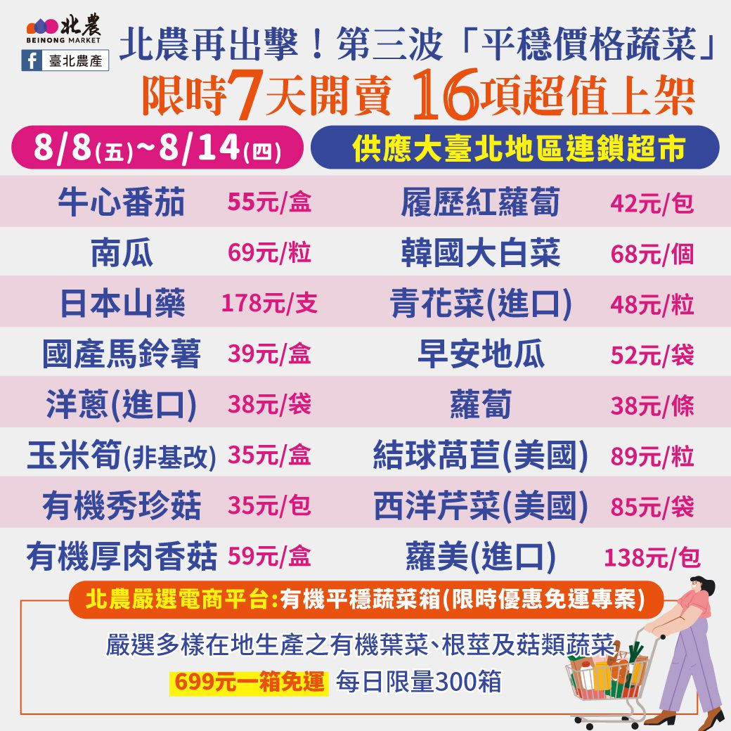 搶鮮趁現在！北農16項蔬菜平穩價8/8起限時7天開賣