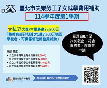 北市失業勞工子女就學補助　8月1日起開放申請