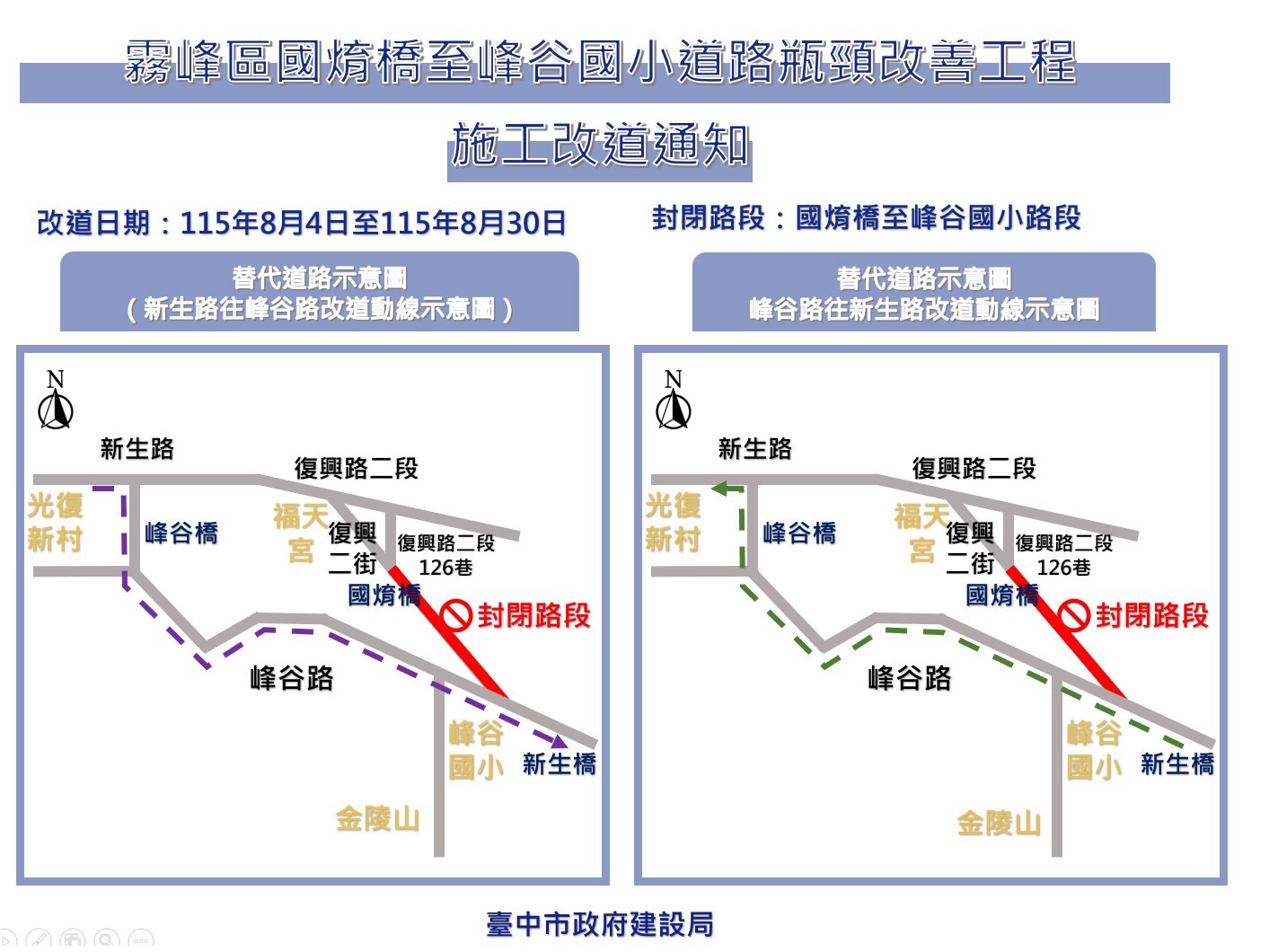 霧峰國焴橋至峰谷國小道路改善工程進入關鍵階段！　今起全線封閉 籲用路人提前改道