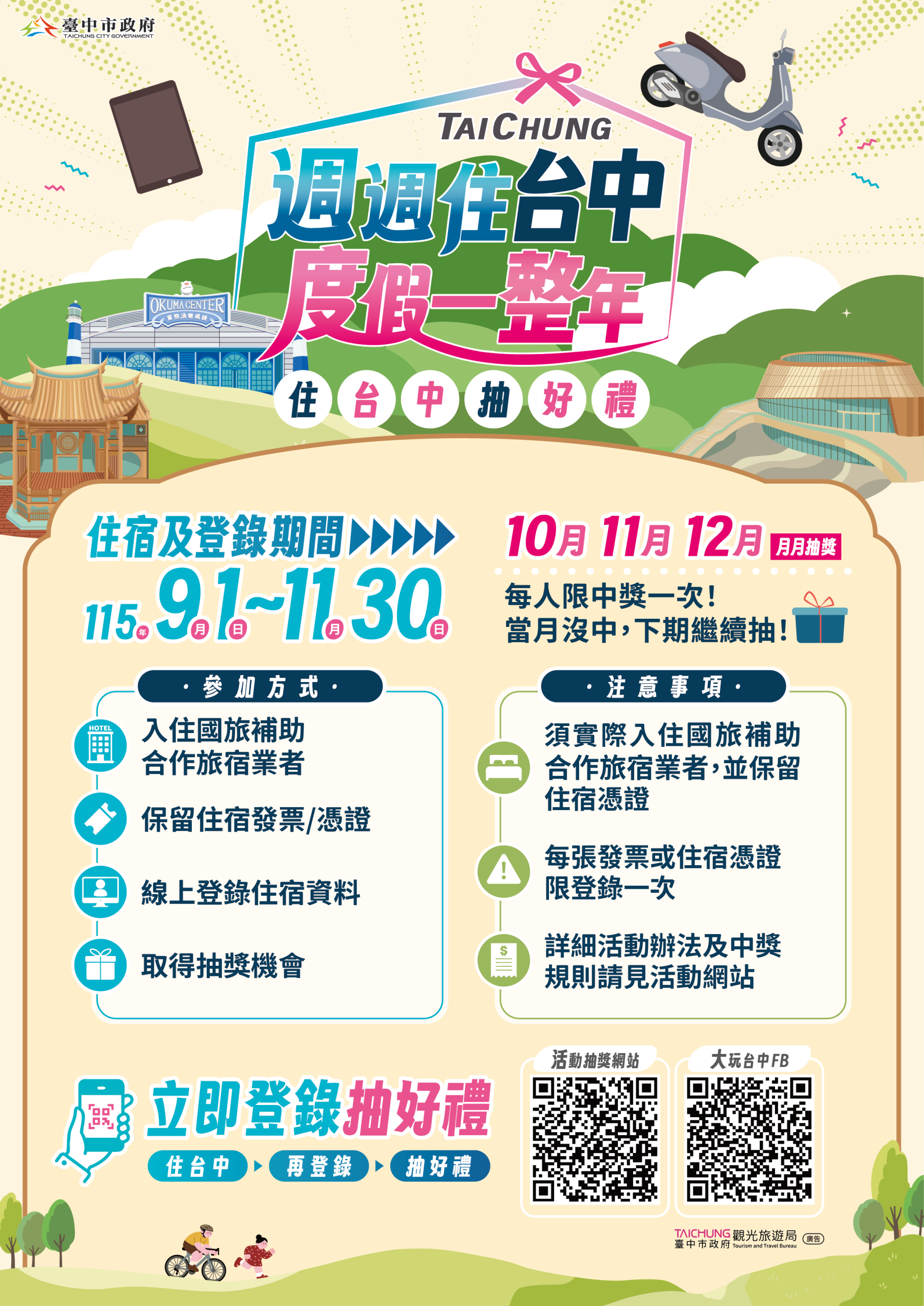 住台中抽52張住宿券、開放登錄中！　月月再抽電動機車及精選好禮