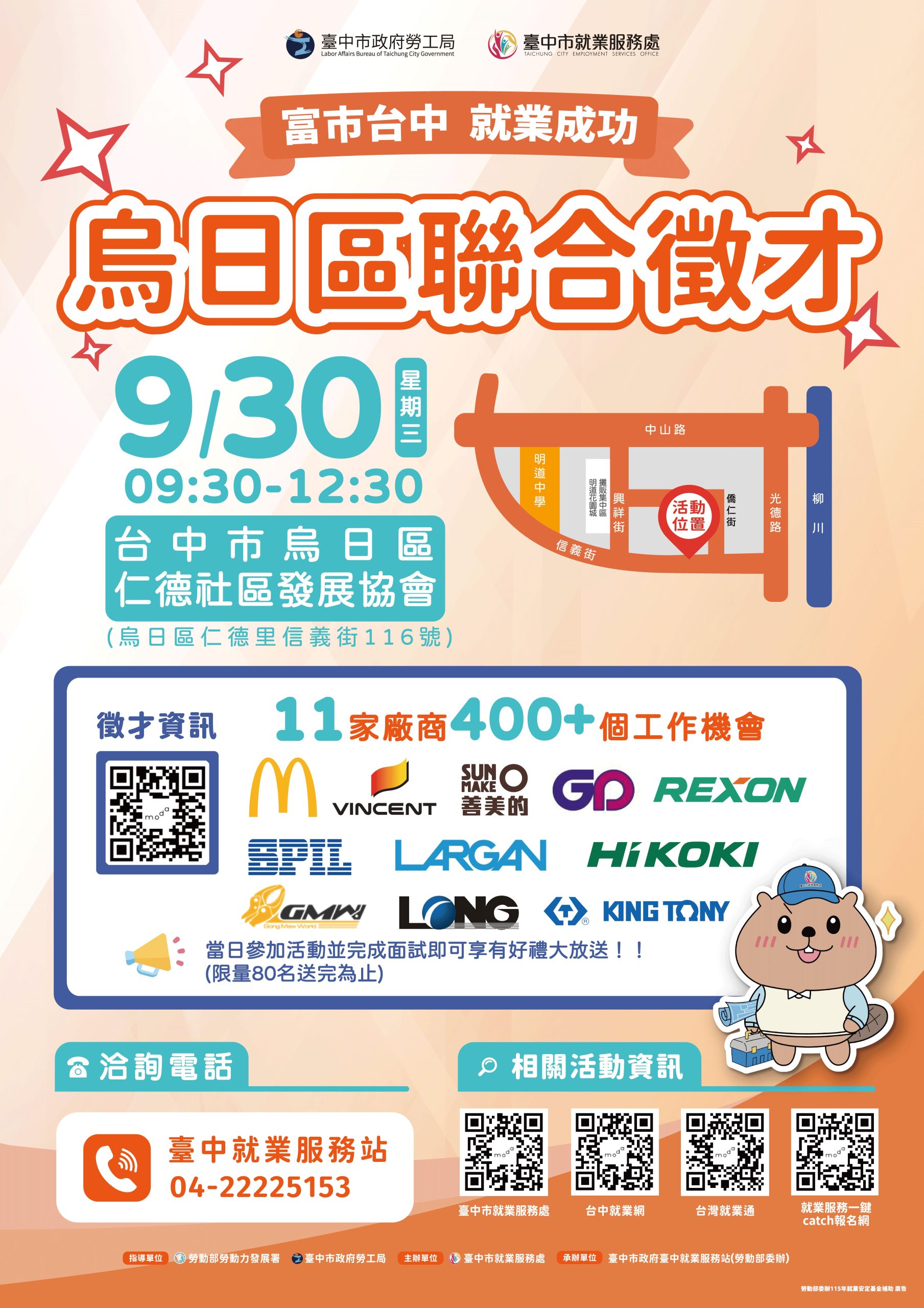 三鐵匯聚好工作！　中市9/30烏日聯合徵才　11家企業釋逾400職缺
