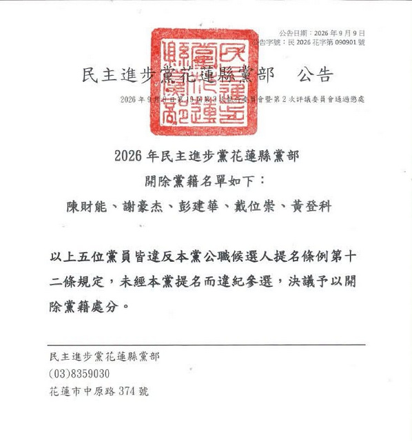 民進黨花蓮5違紀參選者　全數開除黨籍