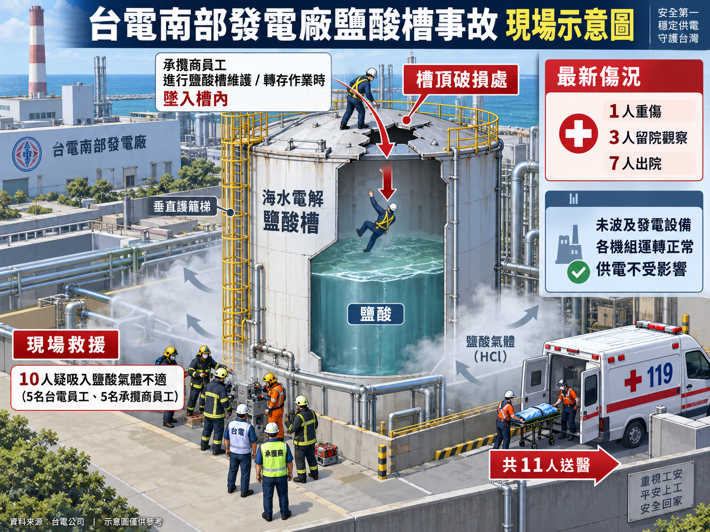 台電南部電廠鹽酸槽公安事故　11人送醫1重傷