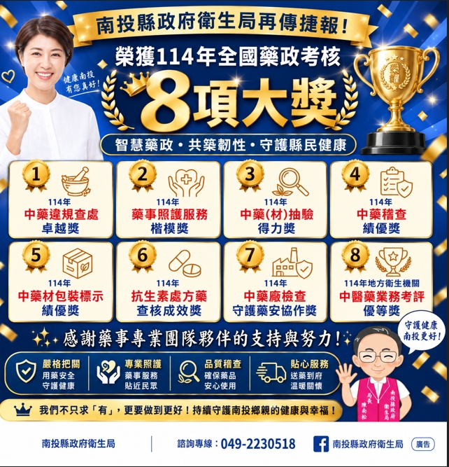 南投縣衛生局勇奪8項大獎　智慧藥政亮眼有成　用藥安全守護再獲全國肯定