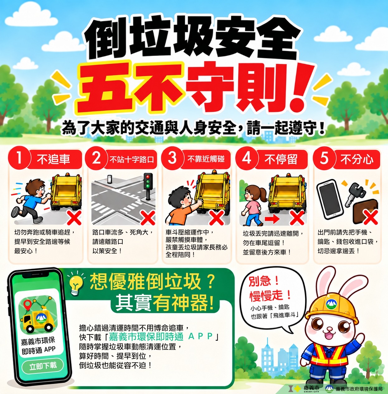 嘉義市籲落實倒垃圾安全「五不守則」　家長切勿讓孩童單獨靠近垃圾車