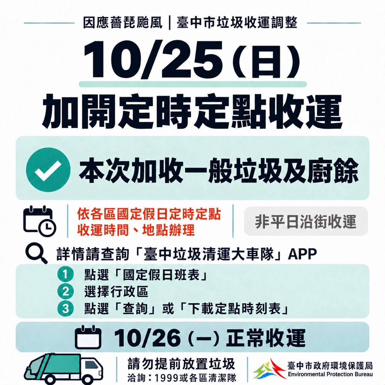因應薔琵颱風連續停收　中市10/25加開定時定點垃圾收運