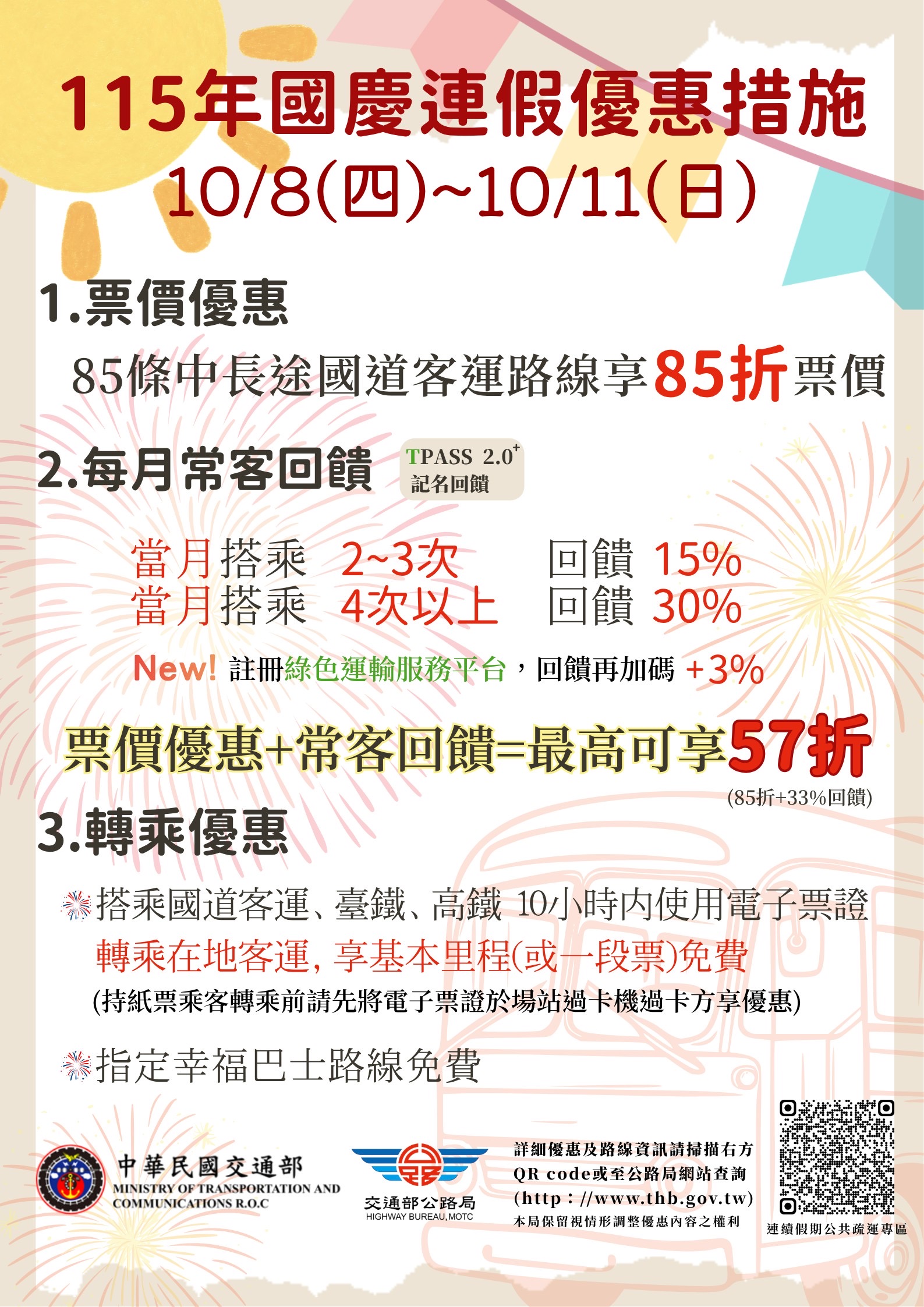 國慶連假　搭公共運輸　享票價優惠