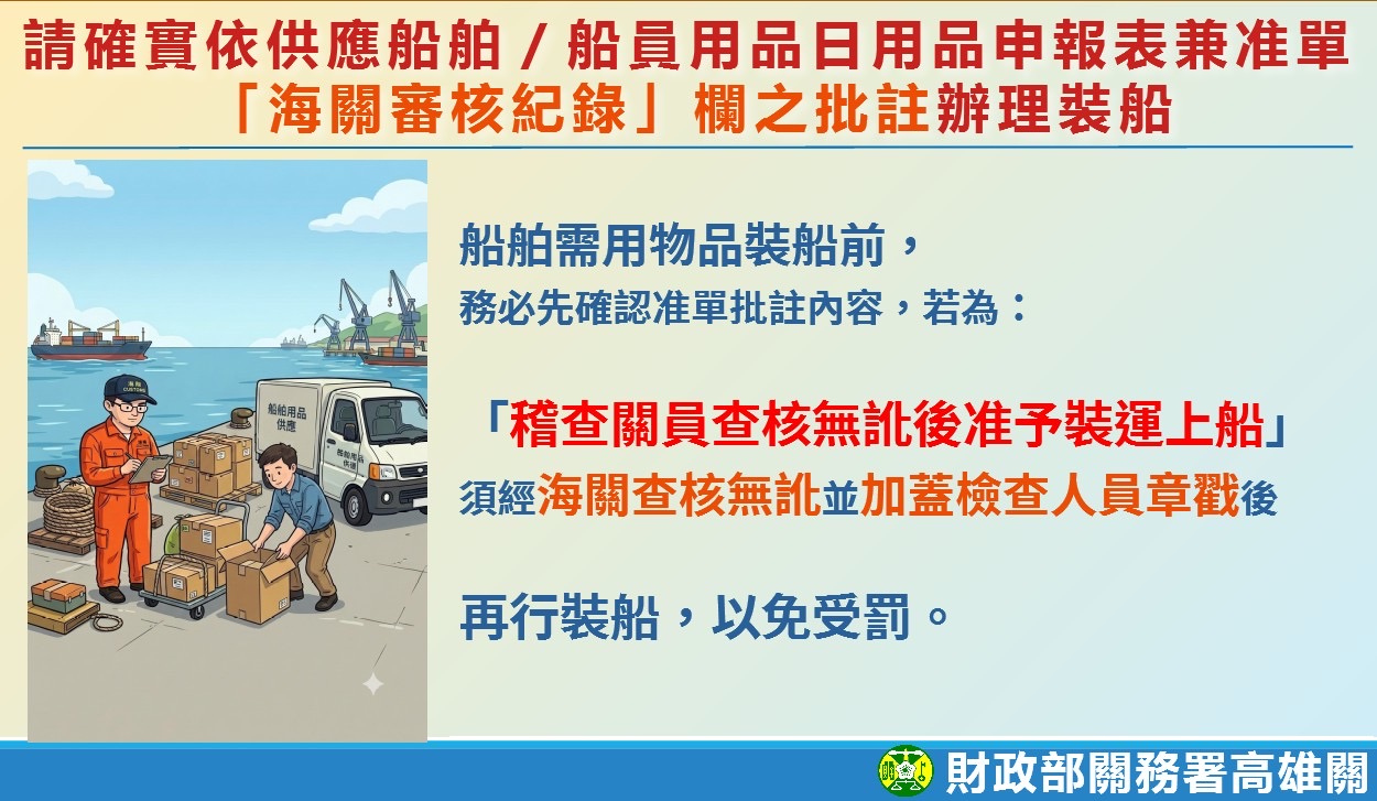 高雄關提醒船舶需用物品裝船前　務必依海關批註內容辦理　以免受罰
