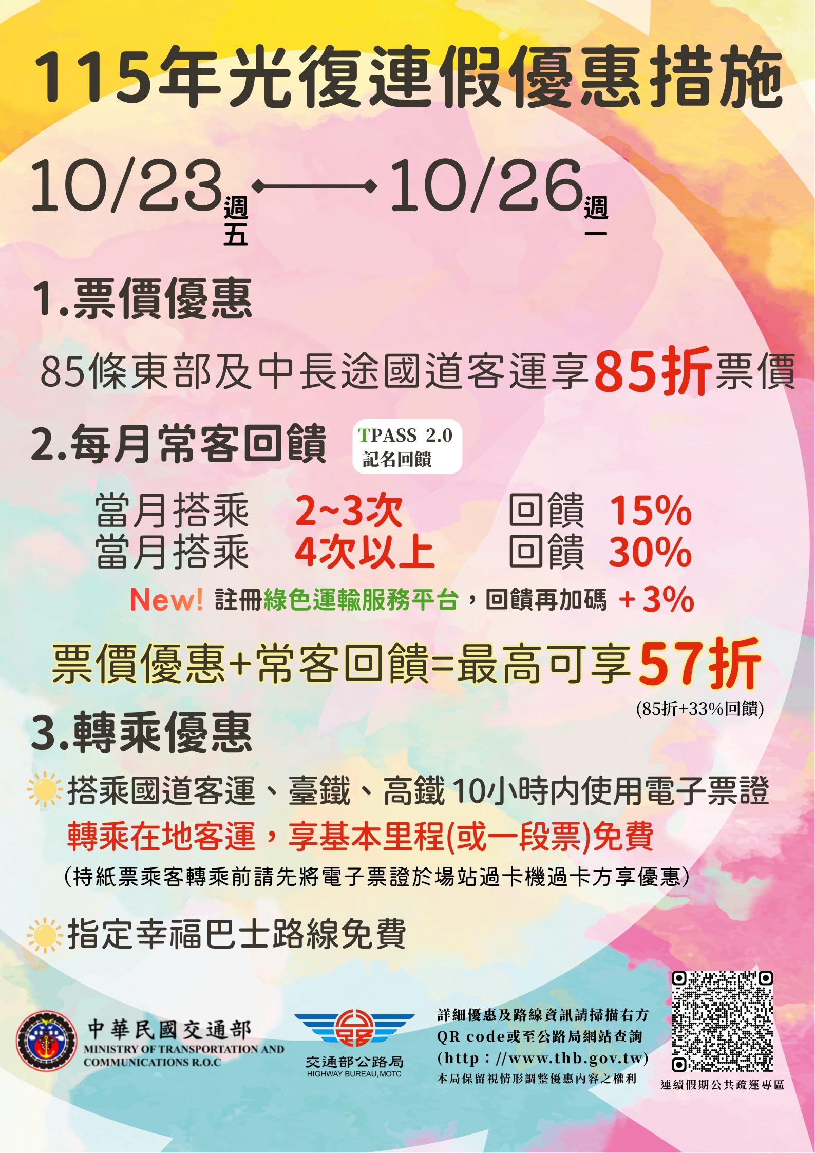 光復連假搭乘公共運輸 票價最高57折優惠 光復連假搭乘公共運輸 票價最高57折優惠