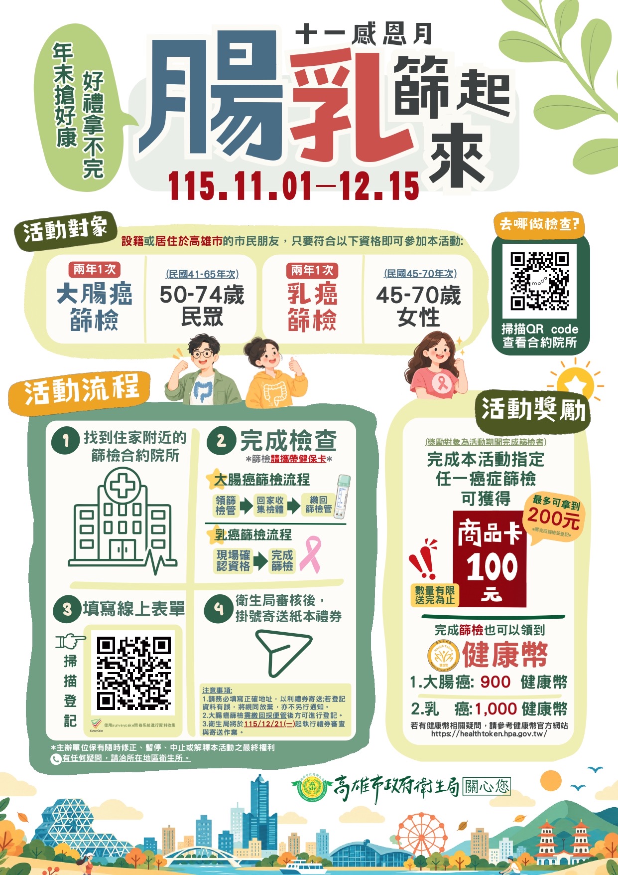 腸乳篩起來護健康 　衛生局11月起推雙癌篩檢 　送百元禮券活動
