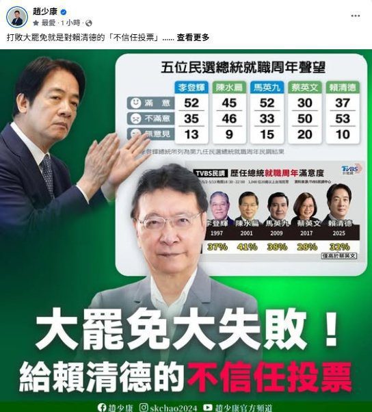 趙少康號召　以大罷免對賴清德投不信任票