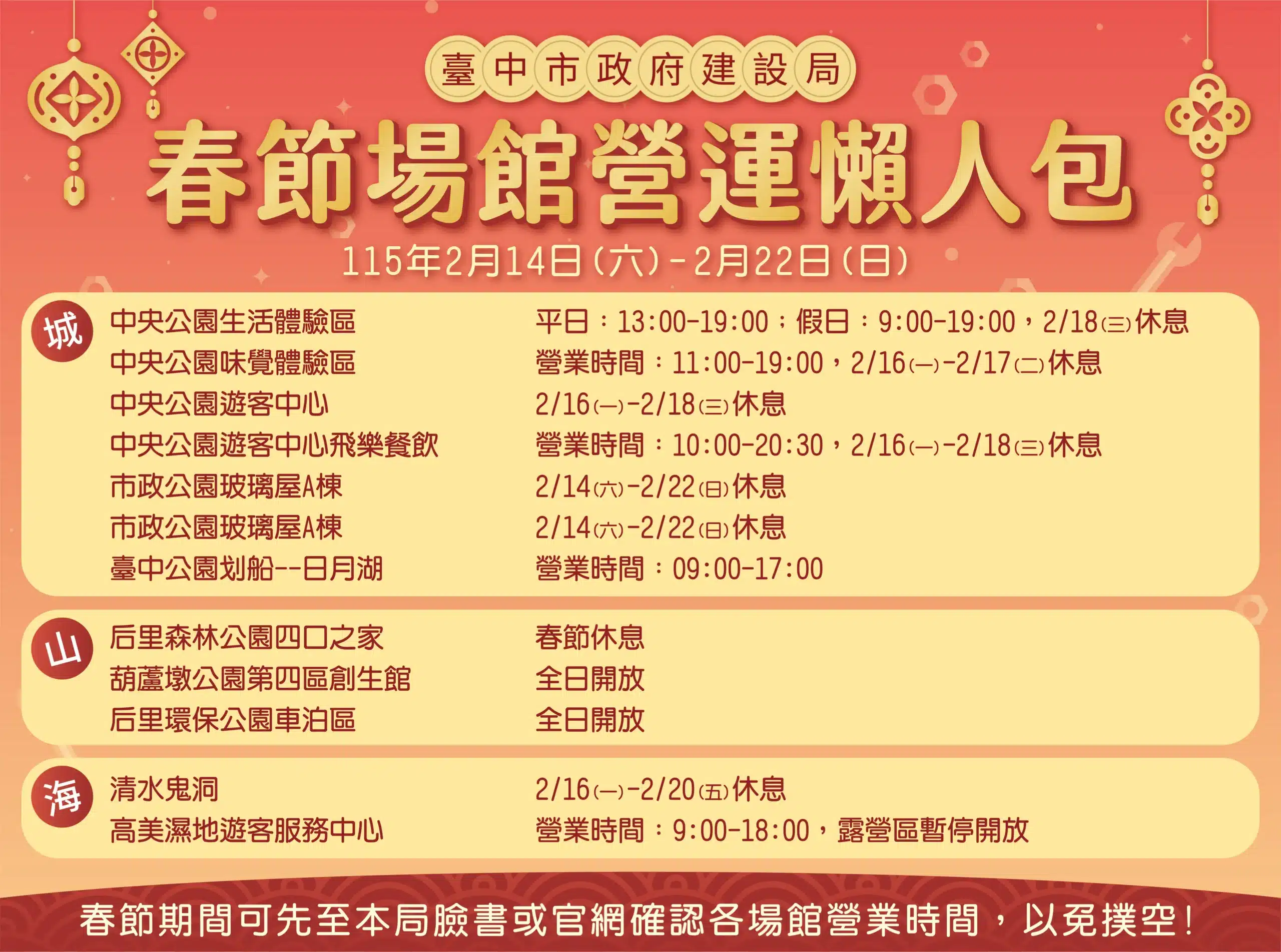 春節期間不打烊！ 中市建設局為遊客提供完整的場館營業資訊