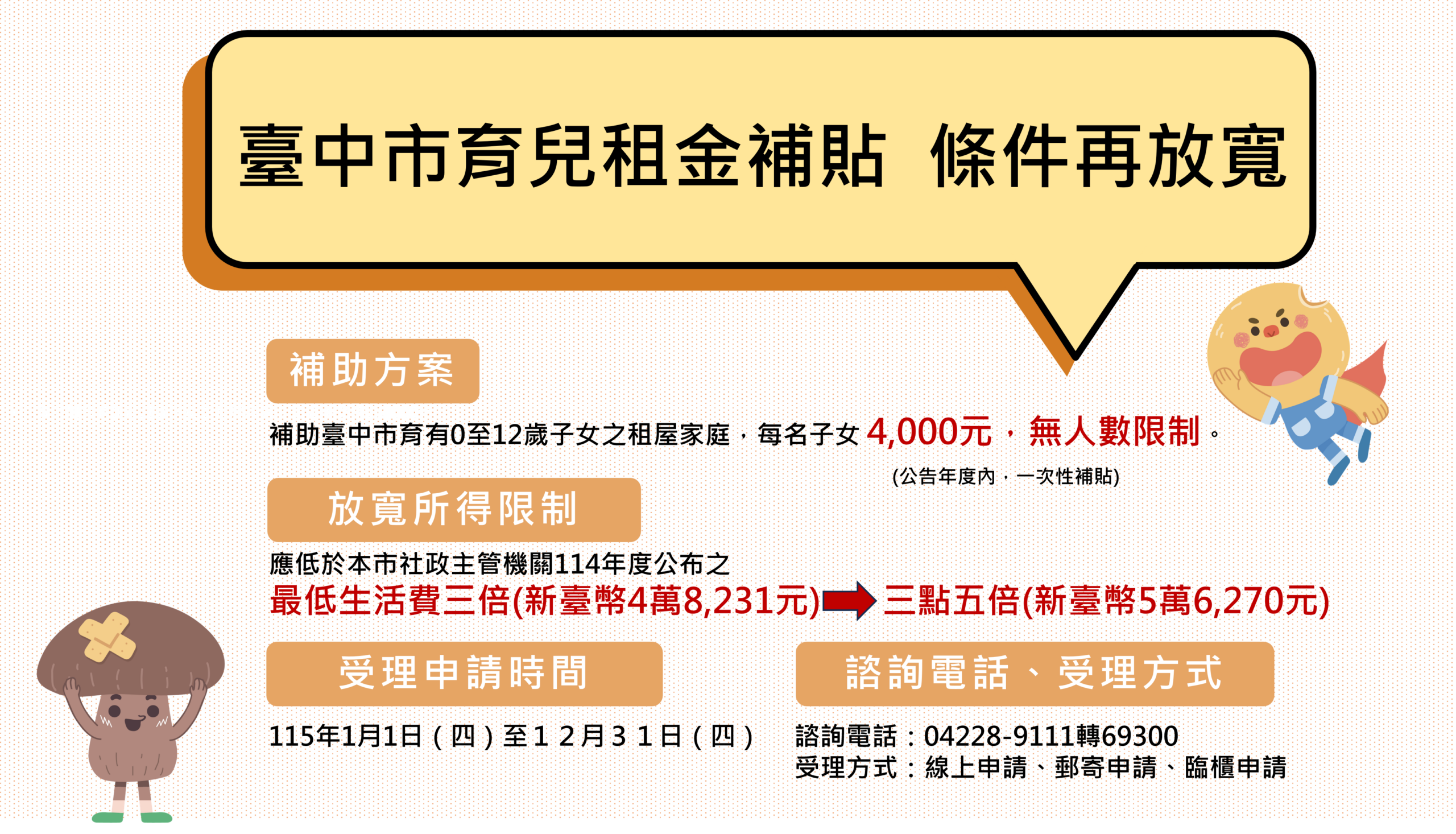 台中市育兒租金補貼放寬所得限制　擴大照顧育兒家庭