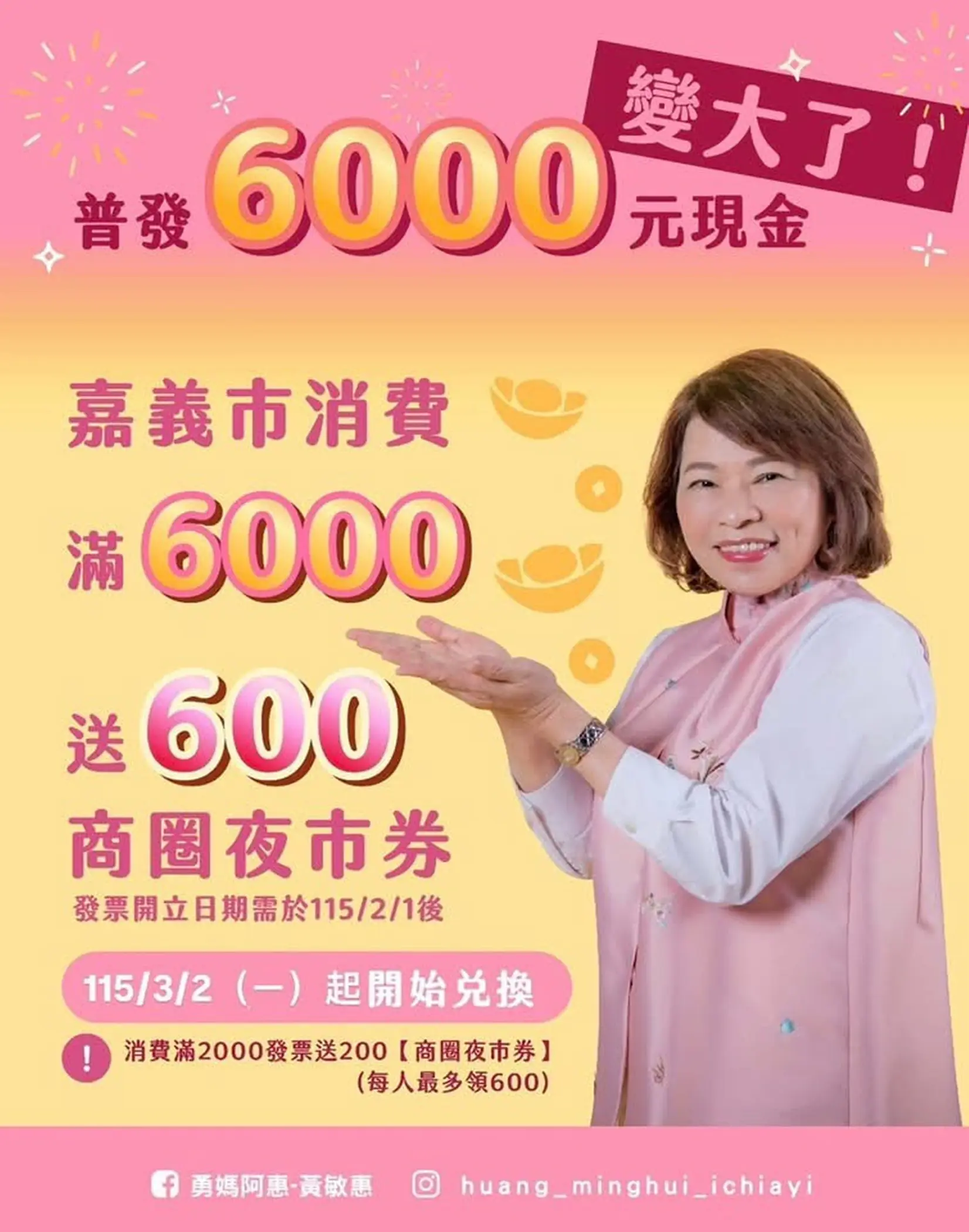 嘉義市普發6千現金 2月起消費滿額再換600商圈夜市券 加倍振興在地經濟 嘉義市普發6千現金 2月起消費滿額再換600商圈夜市券 加倍振興在地經濟
