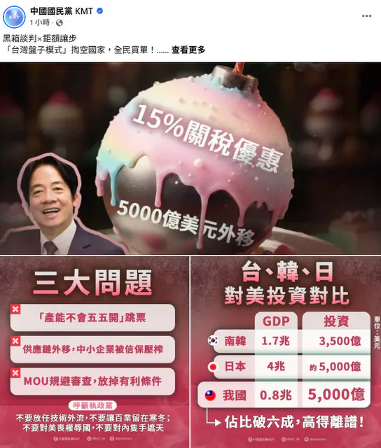 藍批綠關稅談判結果　是掏空台灣的糖衣砲彈