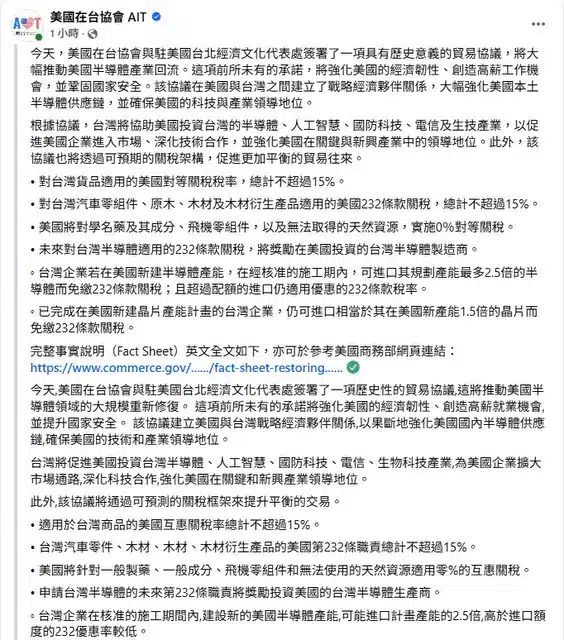 AIT讚美台貿易協議　強化美國半導體供應鏈