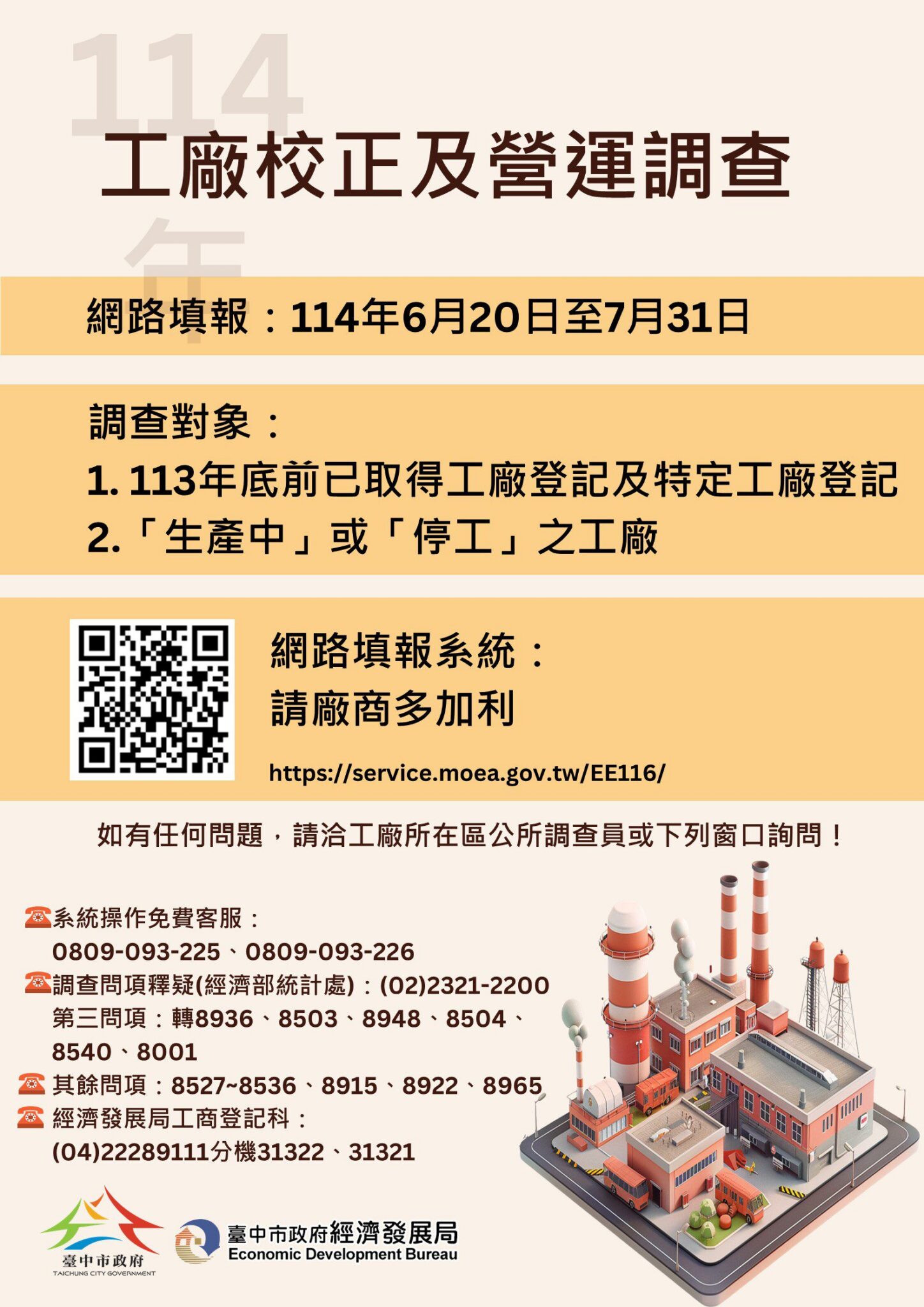 114年工廠校正及營運調查6/20啟動　中市經發局：網路填報最方便快捷