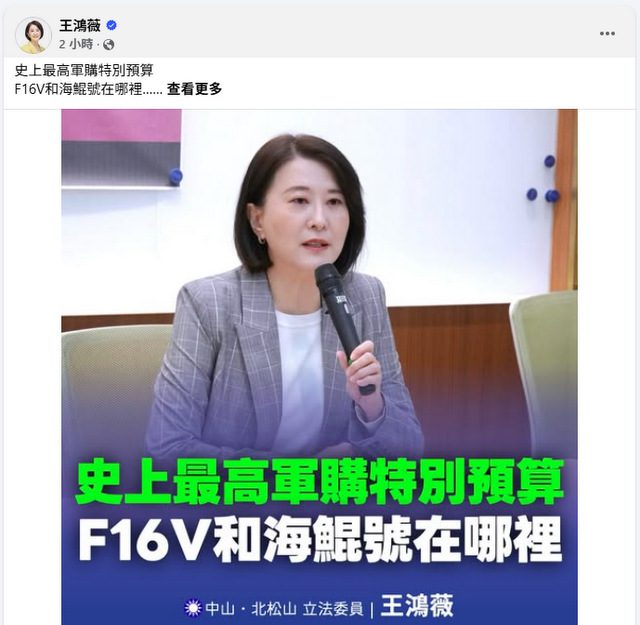 王鴻薇嗆軍購延宕太離譜　嚴審1.25兆軍費