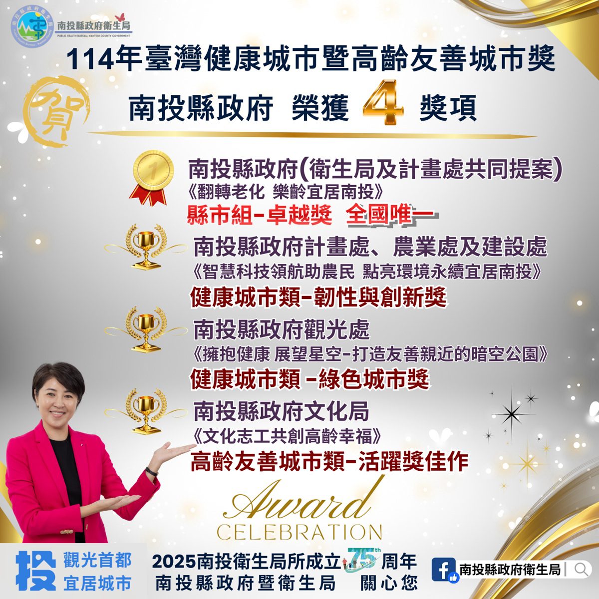 南投縣勇奪「縣市卓越獎」等四獎項　實現全齡宜居目標