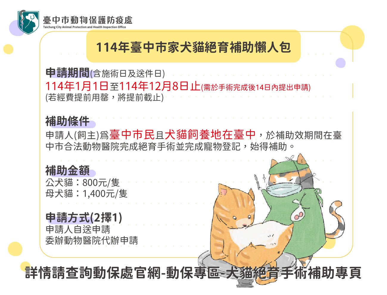 中市家犬貓絕育補助計畫開跑 　動保處請飼主把握機會盡早申請