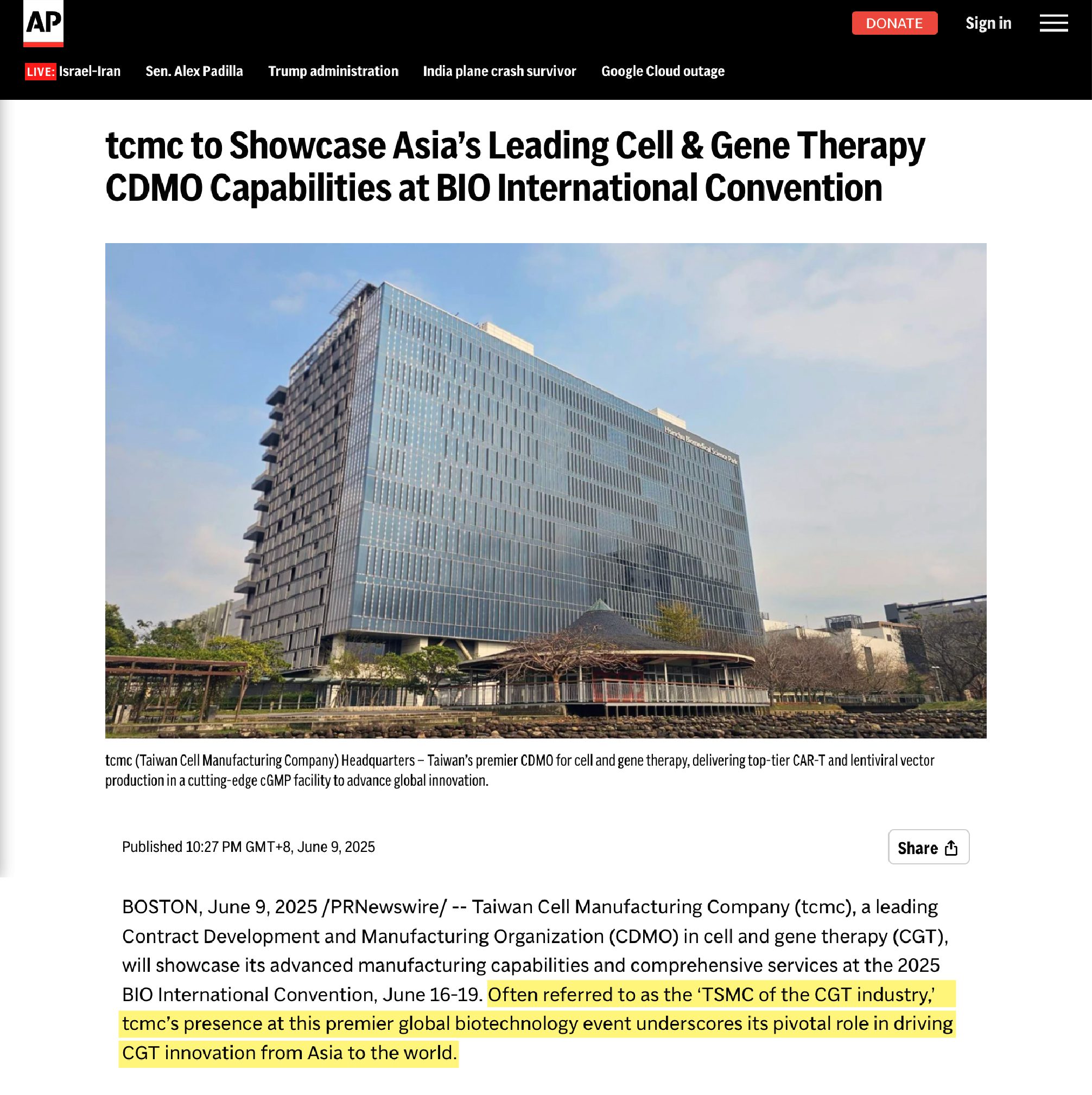 tcmc亮相BIO北美國際生技展　打造亞洲最佳CGT製造門戶