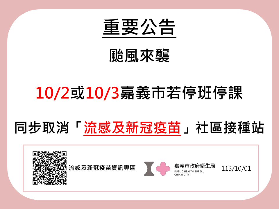 颱風攪局！嘉義市10/2或10/3若停班停課　疫苗接種服務同步取消