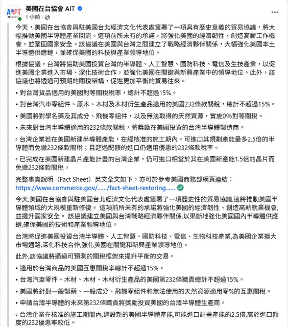 AIT讚美台貿易協議　強化美國半導體供應鏈