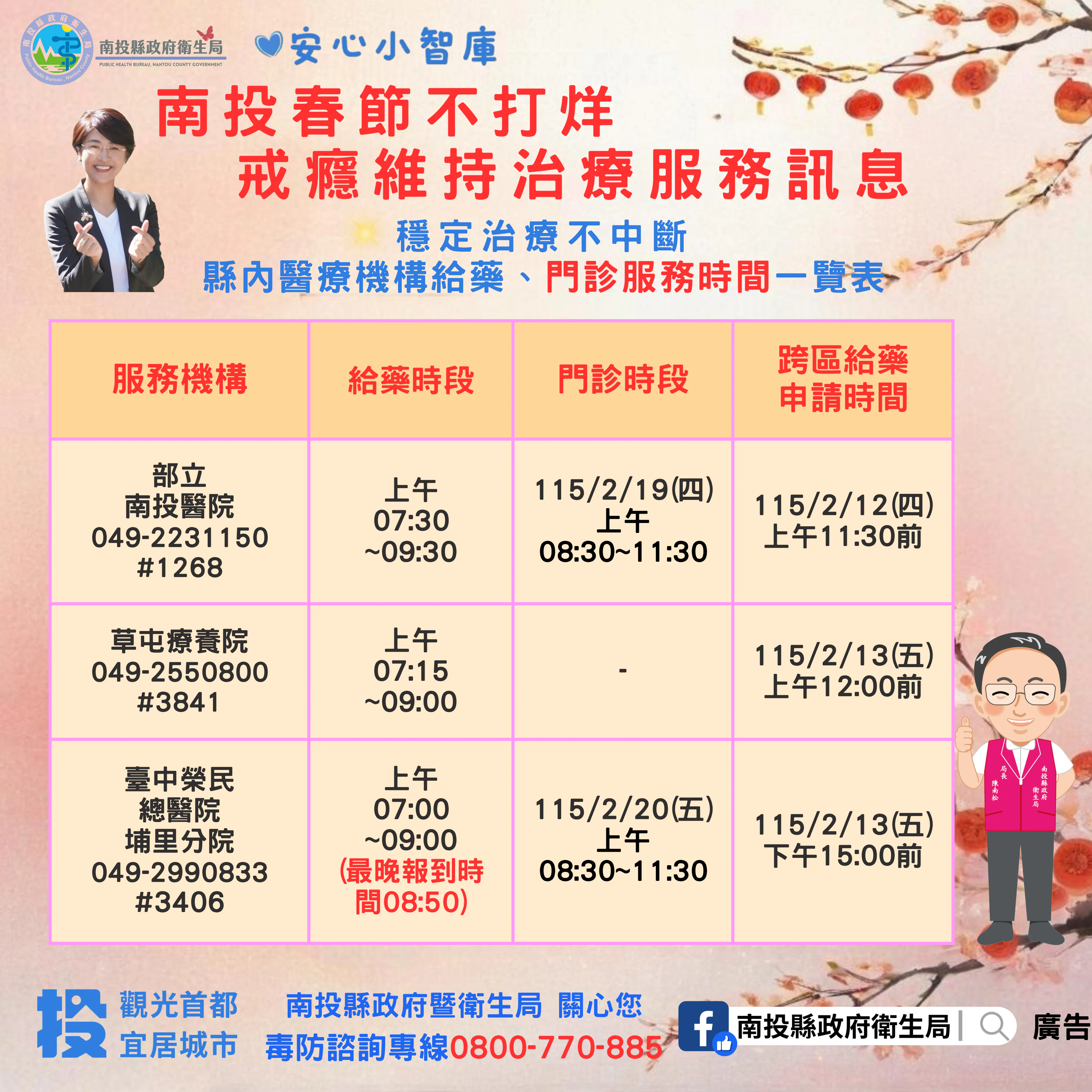 南投縣衛生局關懷不停歇　春節期間戒癮治療不中斷