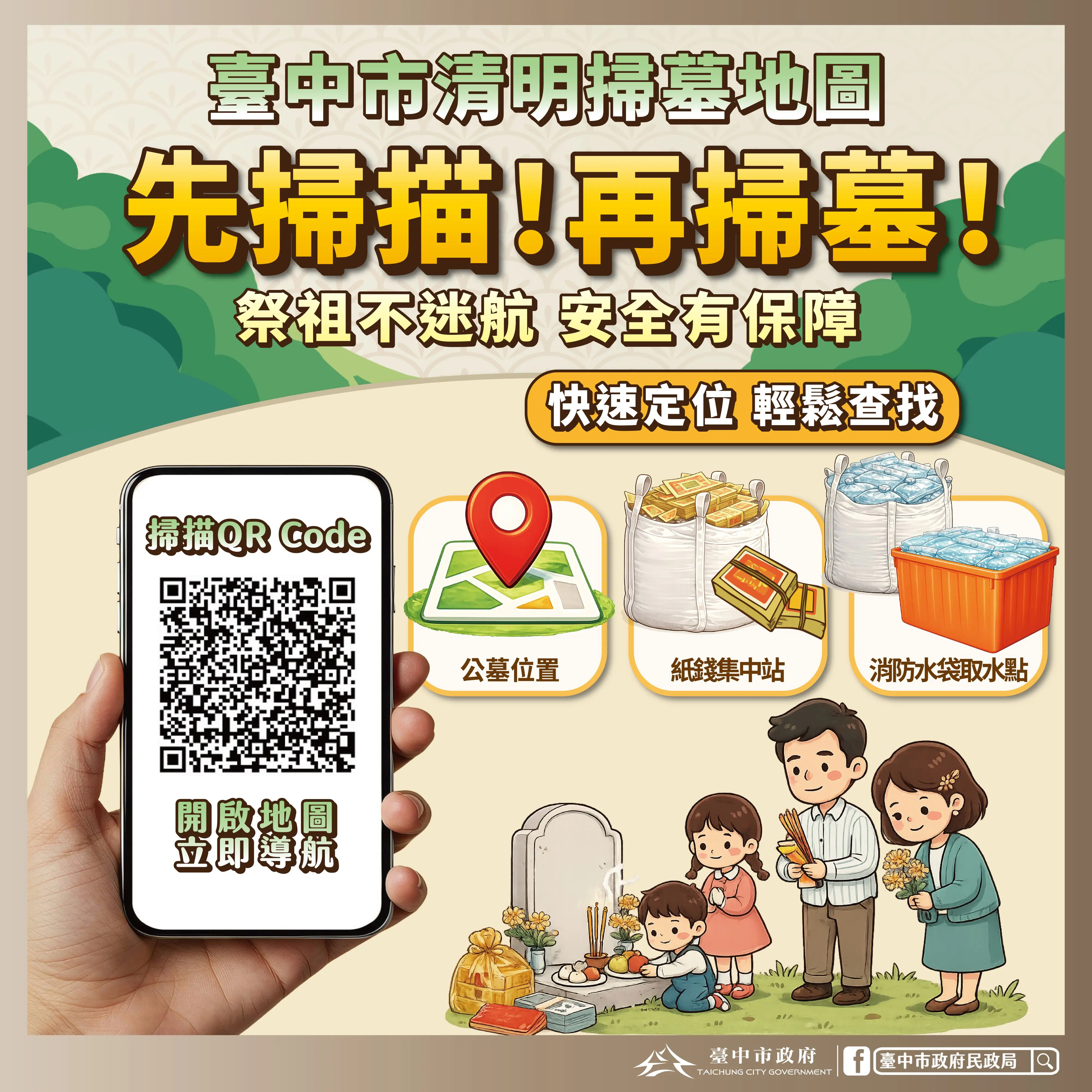 掃墓不迷航！　中市首創清明服務整合地圖 公墓路線、防火水源、紙錢集中全掌握