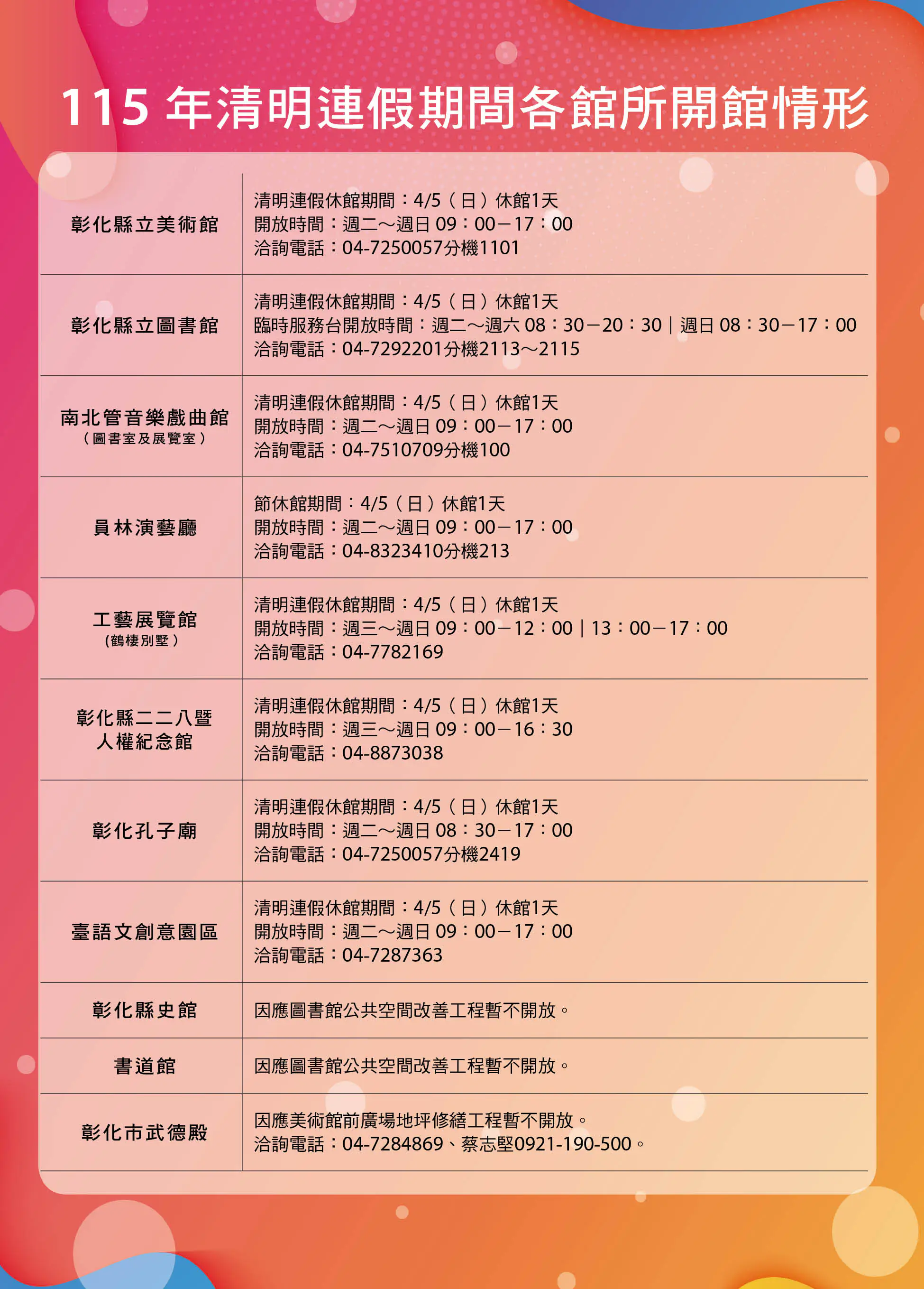 彰化縣文化局115年清明連假期間各館所開館情形