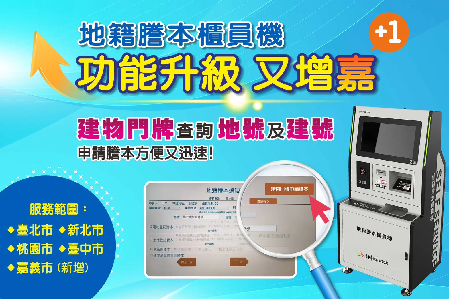 地籍謄本櫃員機服務升級　跨縣市申領再增「嘉」