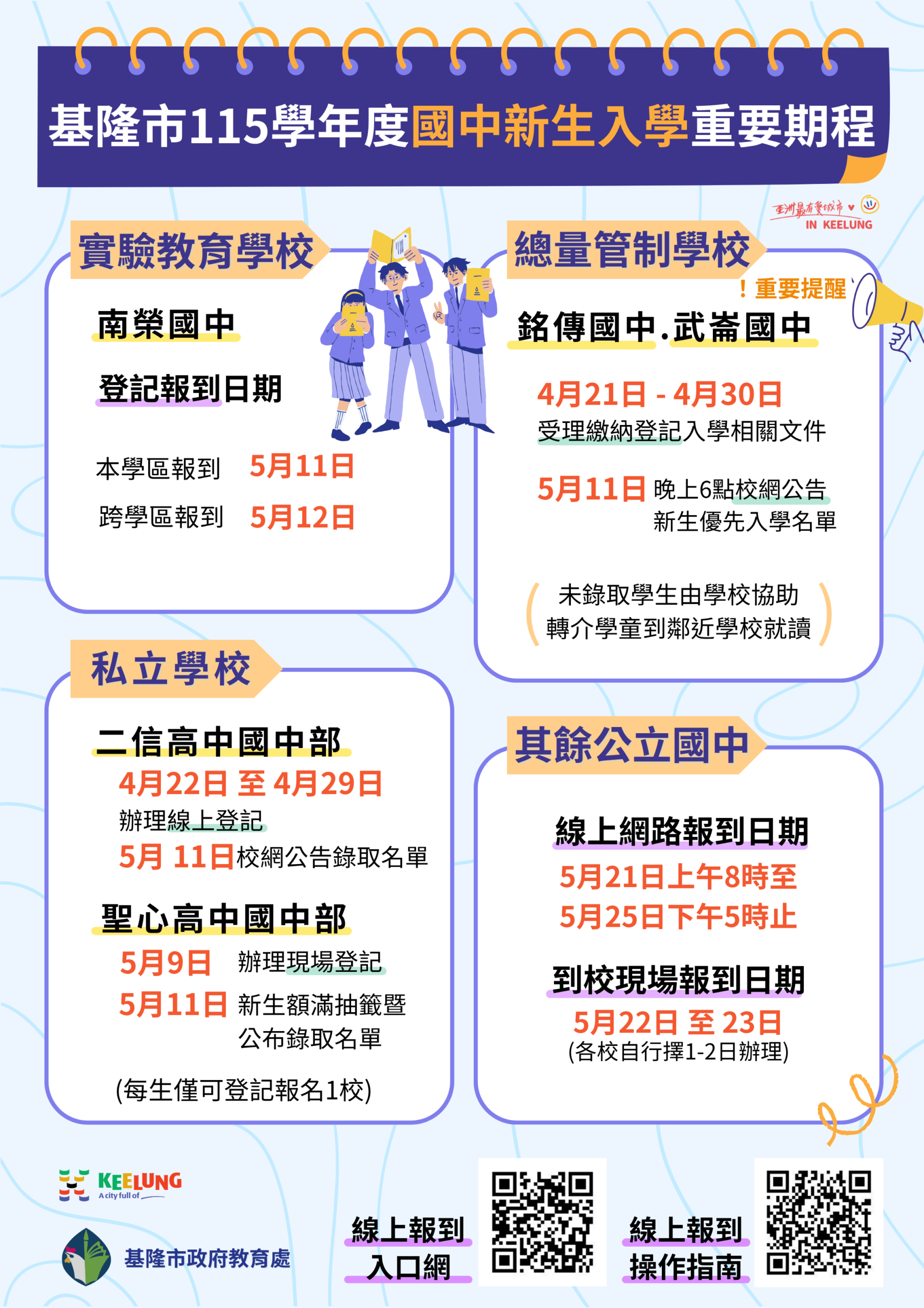 基隆市115學年度國中新生登記開跑　線上或現場報到雙軌擇一