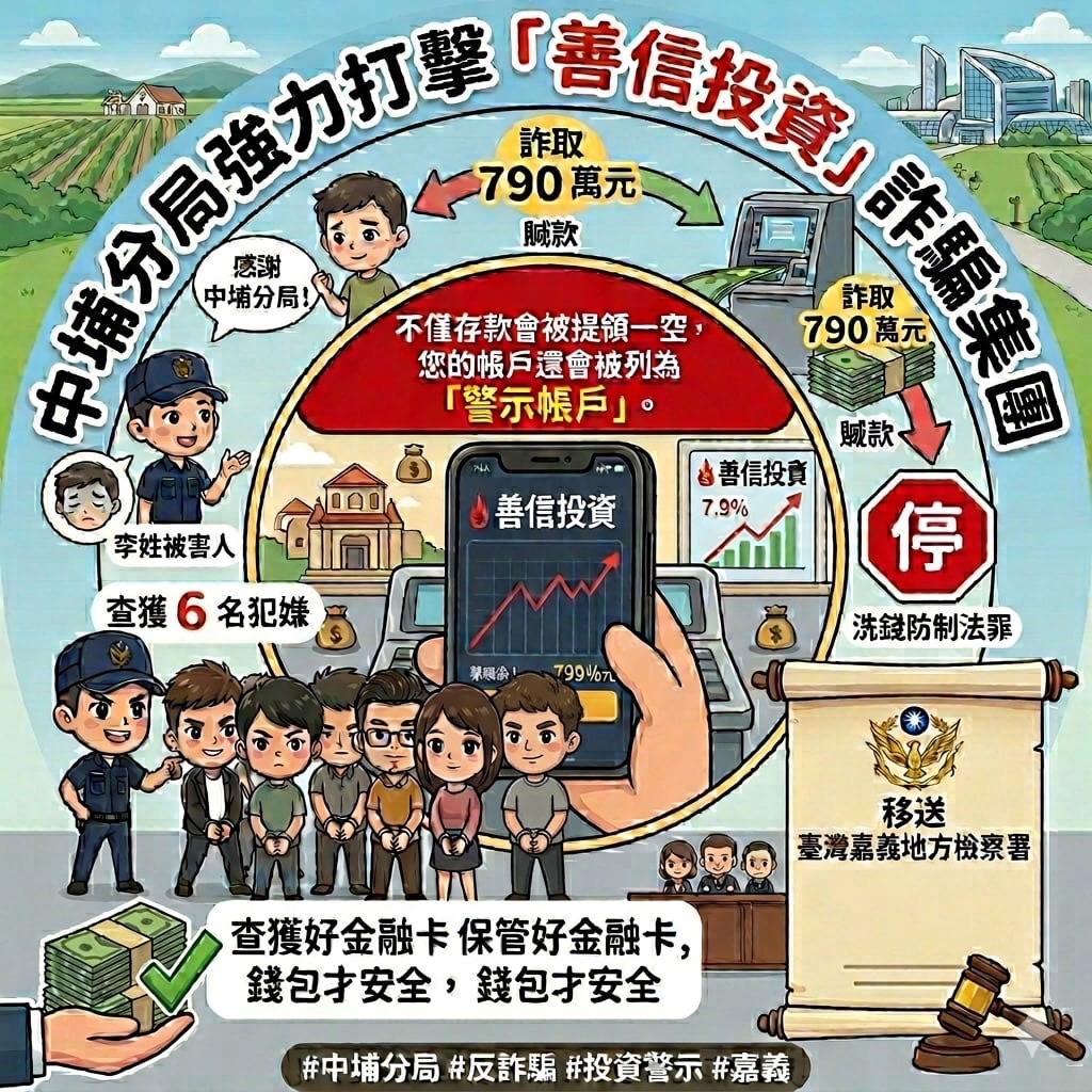 中埔警全力守護民眾財產　瓦解「善信投資」旗下6名車手集團