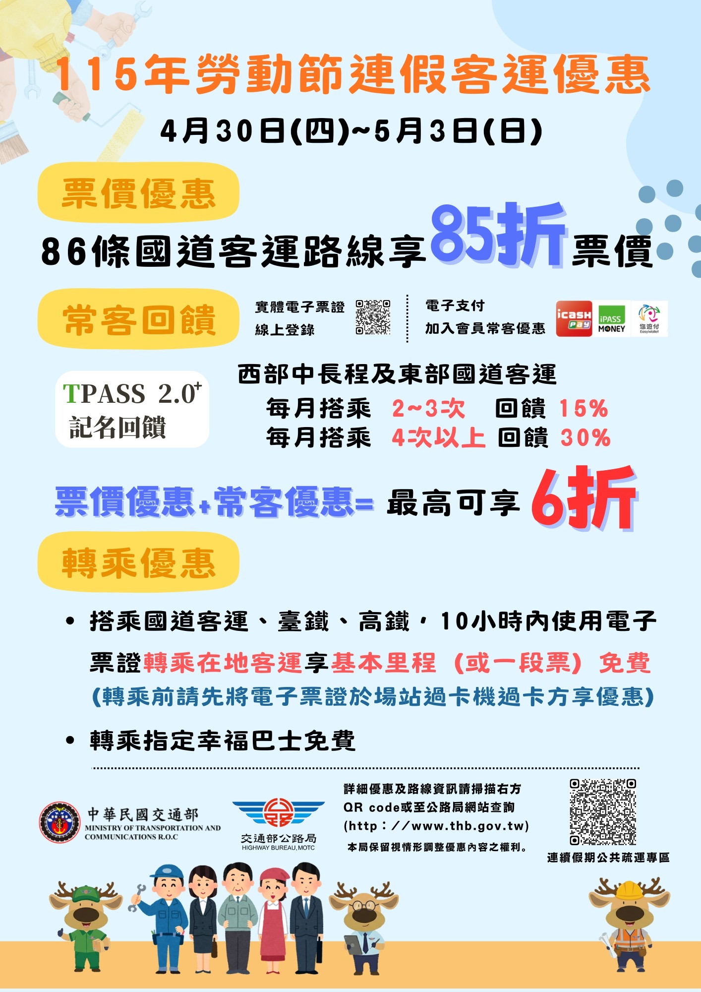 勞動節連假　搭乘公共運輸、幸福巴士優惠