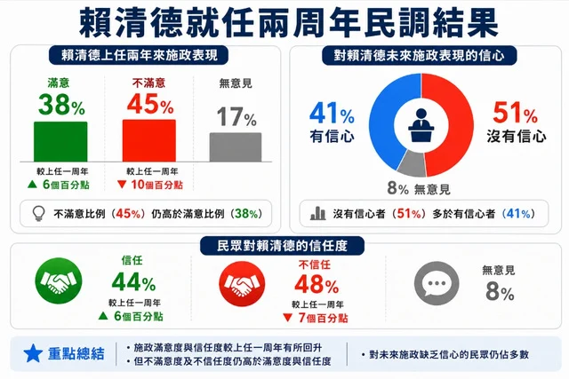 賴清德就職兩周年　施政滿意度38％　不滿意度45％　51％沒有信心