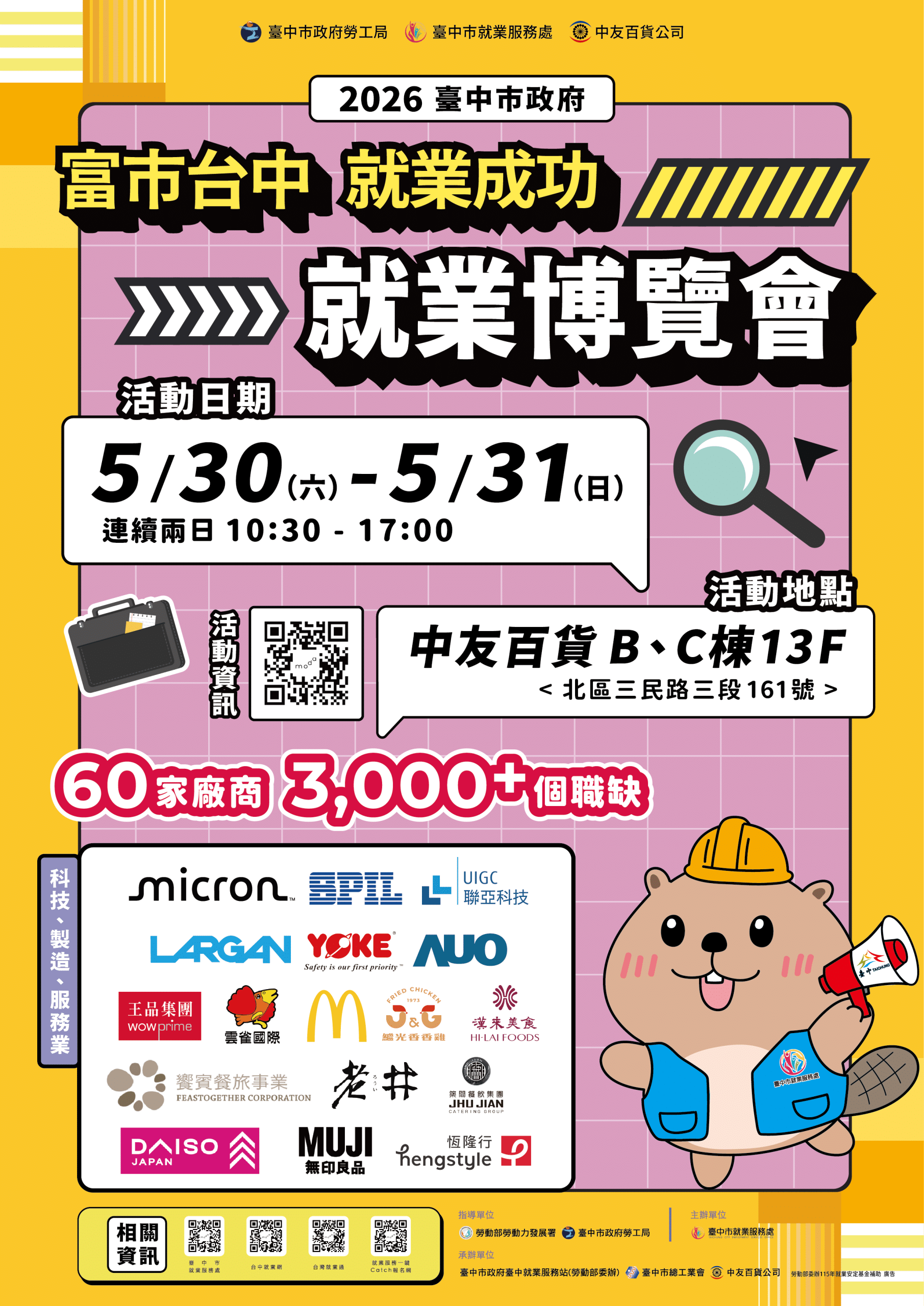 中市府挺社會新鮮人！　年中最大就博會5/30 、5/31中友百貨登場 3,000職缺、薪資最高上看9萬6,000元