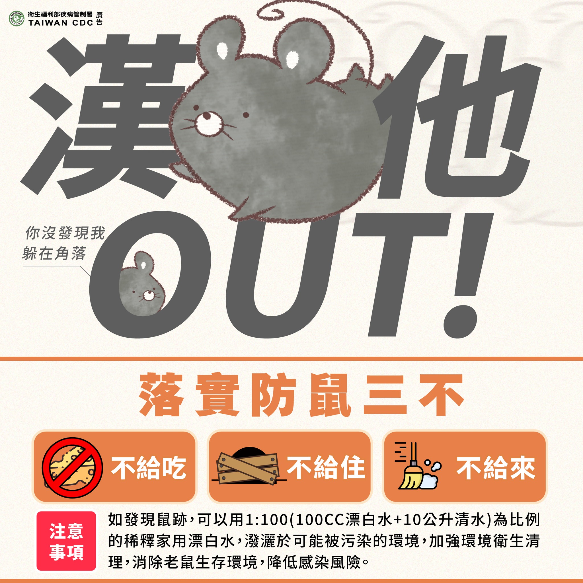 預防漢他病毒　彰化縣衛生局呼籲民眾　落實「不讓鼠來、不讓鼠住、不讓鼠吃」「三不」原則