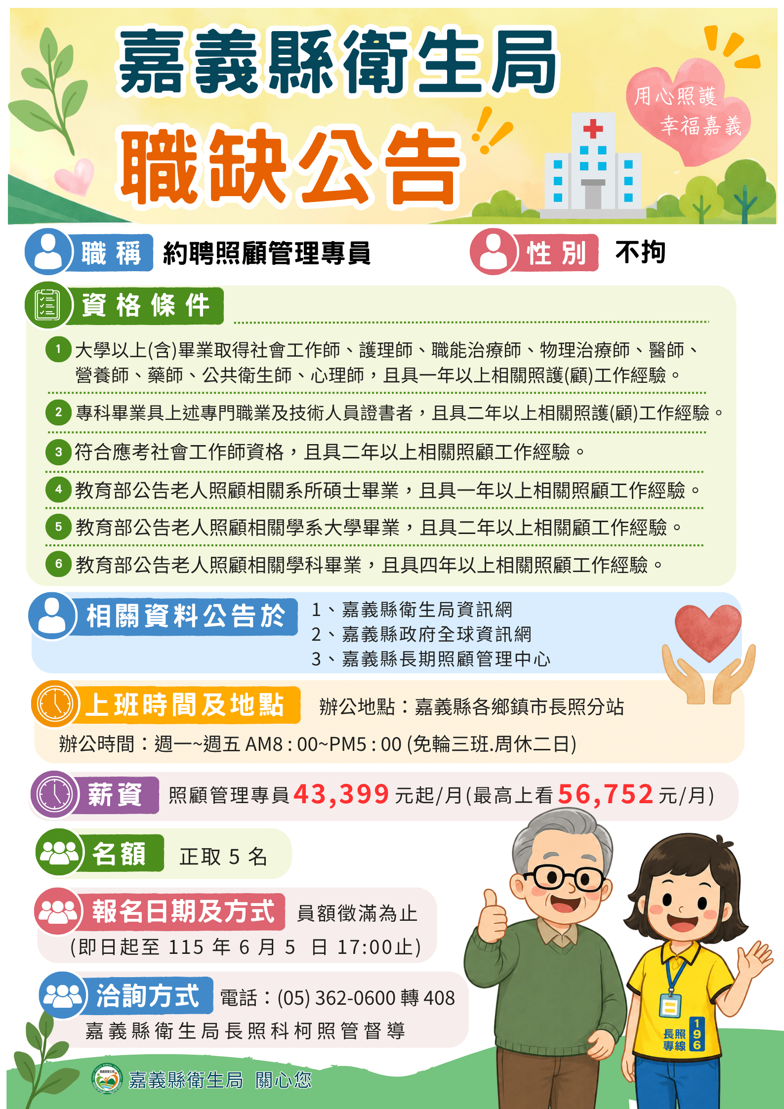 嘉義縣長照中心招募照管專員 起薪4.3萬受理至6月5日 嘉義縣長照中心招募照管專員 起薪4.3萬受理至6月5日