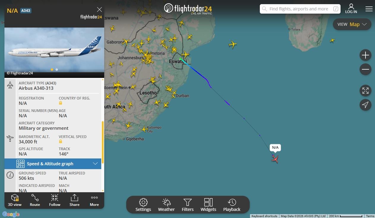 賴清德啟程返台？神祕A340從史瓦帝尼起飛　預計5日清晨抵達桃園機場