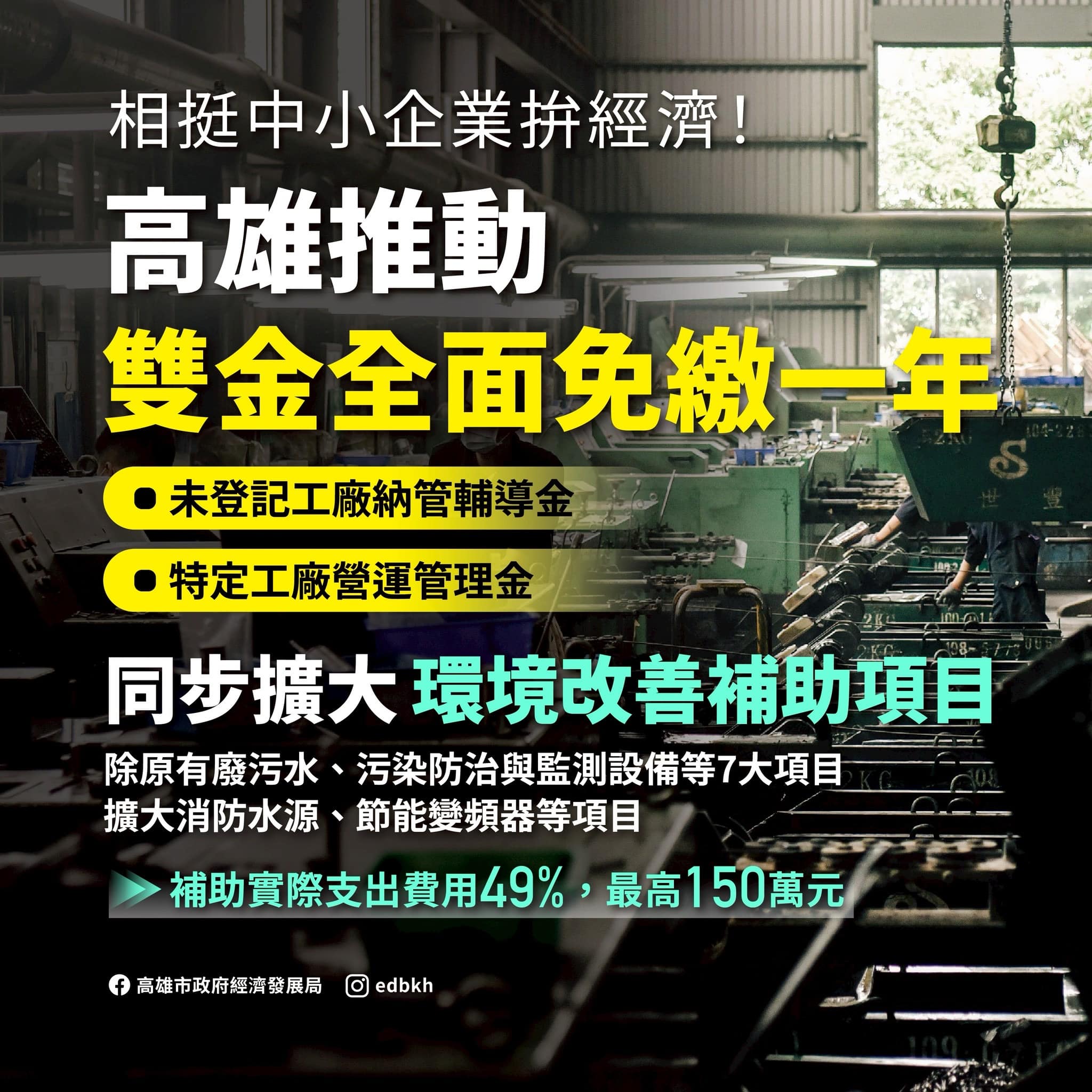 相挺中小企業拼經濟　高雄推動納管及特定工廠「雙金全面免繳一年」 　同步擴大環境改善補助項目