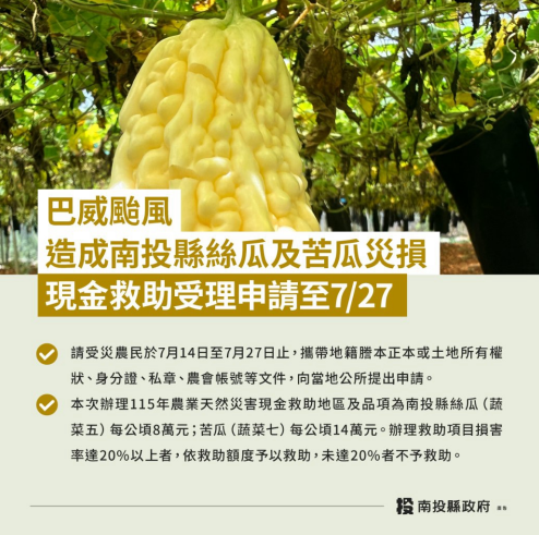 巴威颱風造成本縣農作物災損　農業部同意辦理現金救助
