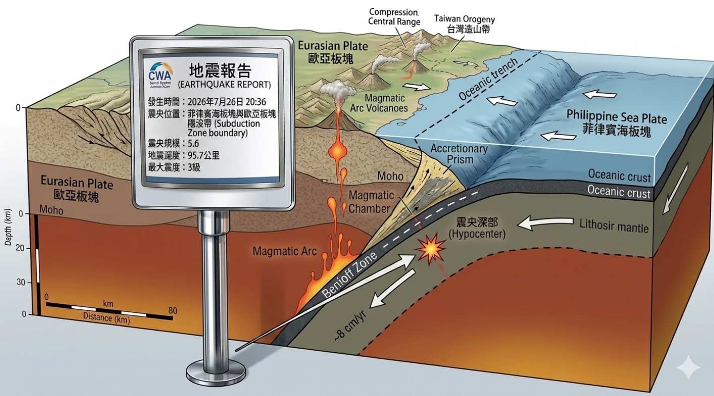 地震發生主因與菲律賓海板塊與歐亞大陸板塊隱沒有關,並非斷層造成原因。(圖/ AI生成)