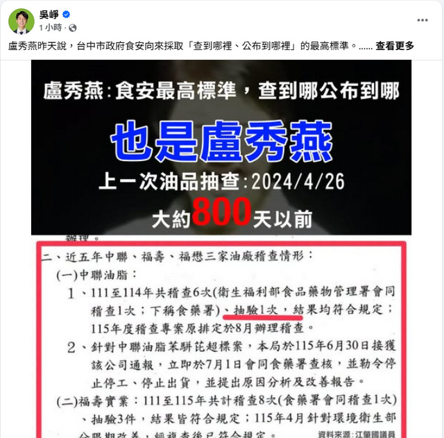 毒油事件槓上盧秀燕　綠指800天僅抽驗1次
