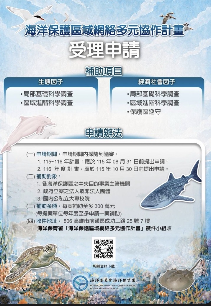 海洋保育署 「海洋保護區域網絡多元協作計畫」徵件開跑 最高補助300萬元 攜手守護韌性海洋